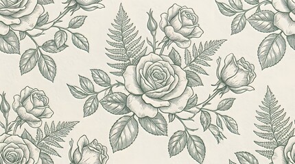 Antique Victorian monochrome floral repeat pattern background with vintage line art rose bouquets and fern leaves © msmpixels