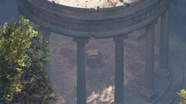 Ancient roman or greek temple ruins with columns and crumbling architecture. A slow zoom out revealing the circular structure in a misty setting