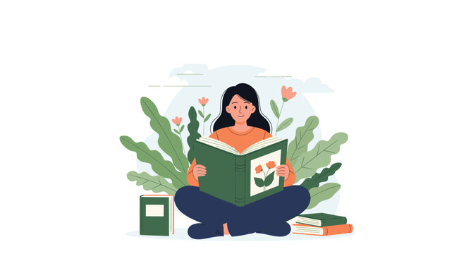Young woman sits cross-legged reading an open book surrounded by green botanical plants and beautiful flowers.