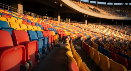 Fototapeta premium Vibrant Empty Stadium Seats Under Golden Sunlight