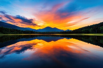 Fototapeta premium A vibrant sunset paints the sky with orange, pink, and blue hues over a calm lake, reflecting the serene mountains and forest in the background.