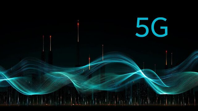 Panoramic concept art displays the structure and function of a communication network focused on 5G technology in an urban setting