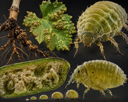 Ultra-detailed macro illustration of phylloxera pest on grape vine leaf gall, SEM-style texture, dark background, scientific vineyard pest visual for harvest season.