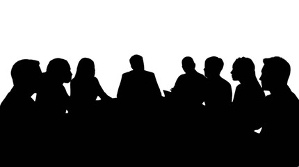 Obraz premium Silhouette people sitting around a table in discussion isolated on transparent background
