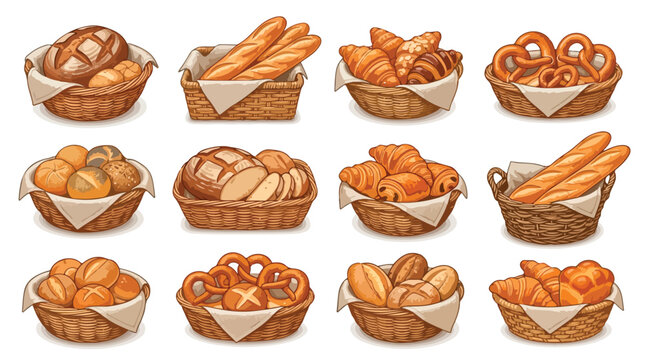 Bakery bread basket collection, assorted fresh pastry and sourdough loaves in wicker baskets, 12 vector food illustrations for cafe menus and shop branding