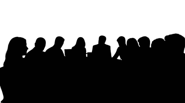 Silhouette crowd of people sitting together isolated on transparent background