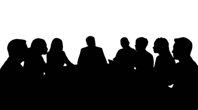 Silhouette people sitting around a table in discussion isolated on transparent background