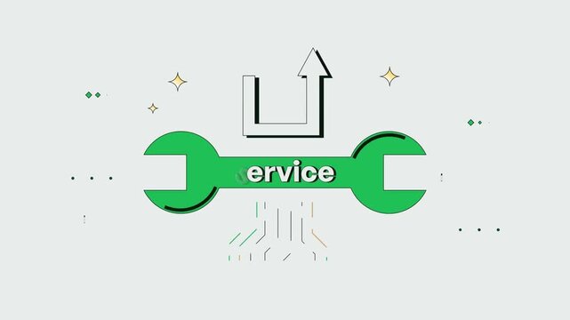 Minimalist Industrial Wrench Tool Icon with Service Text and Upward Arrow. Customer Support Solution Line 2D Animation.