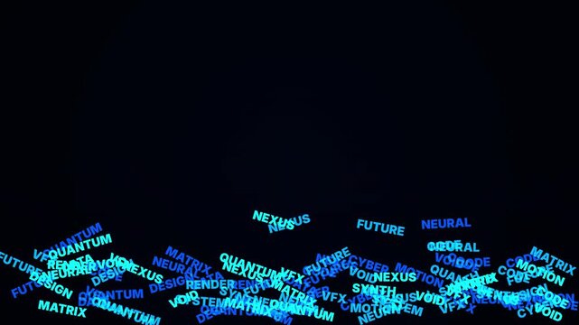 Floating glowing words representing technology and digital innovation in a colorful spectrum across the dark space