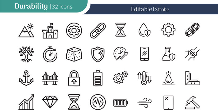 durability editable icon set modern strength resistance quality symbols clean vector design