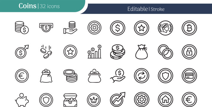 modern coins editable icon set finance currency money transaction vector symbols design