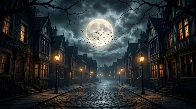 Eerie victorian street at night under a full moon with glowing windows and cobblestone road