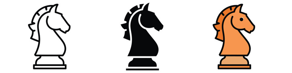 Chess knight pieces in white, black, and brown. Horse chess pieces for strategy games. Board game icons © MdMithu
