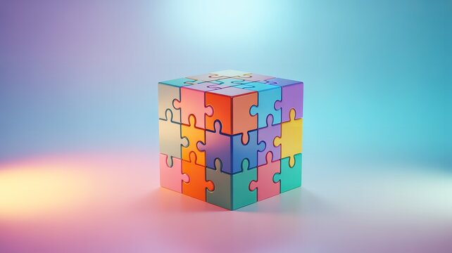 Colorful jigsaw puzzle cube with interlocking pieces against gradient background symbolizing problem solving complexity and connection