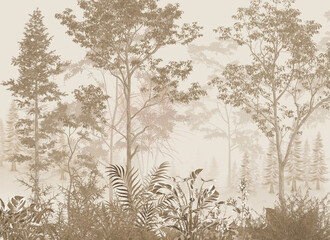 Minimalist Sepia Forest Trees and Tropical Leaves Botanical Vector Illustration © Mondal_01