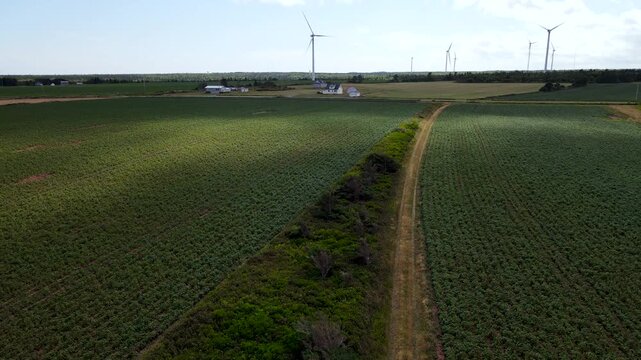 Kent Hills Wind Farm, New Brunswick Canada, Modern Windmills Generating Clean Electricity. Aerial wide shot of farm
