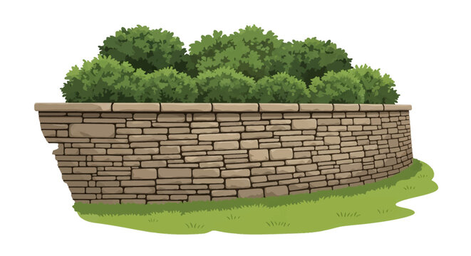 Vector illustration of a curved natural stone retaining wall with a flat capstone top, featuring dense green shrubs behind and a short manicured grass lawn, isolated on white background.