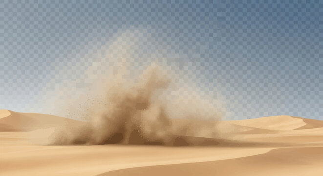 Realistic brown sandstorm and dust cloud explosion rising from desert dunes against a transparent grid background with fine sand particles and misty smoke texture effect.