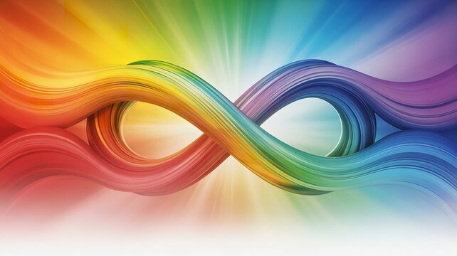 Colorful infinity ribbon symbol with radiant light beams representing endless possibilities continuity unity and creative energy