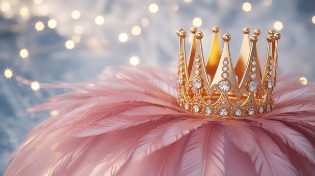 Golden crown with gemstones resting on pink feathers in dreamy blurred light background symbolizing royalty elegance and fantasy