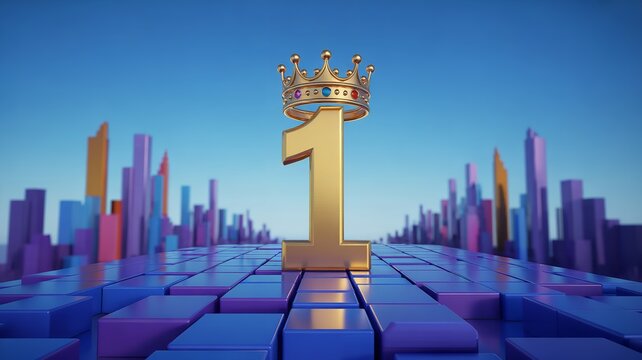 Golden number one with crown on reflective surface against colorful abstract background symbolizing victory success and leadership