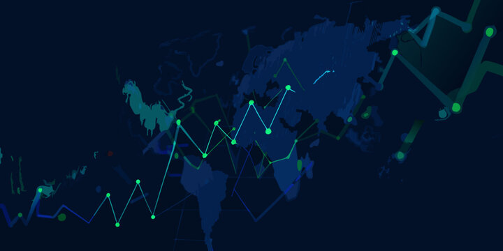 financial line charts over world map silhouette blue green data analysis economy investment trend graph visualization vector illustration dark background