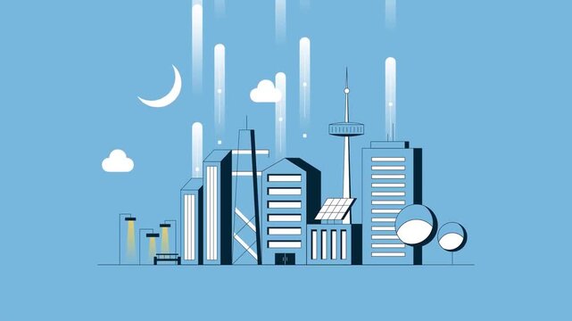 Modern City Skyline Silhouette at Night with Crescent Moon and Vertical Matrix Light Rays. Urban Cyber Architecture 2D Animation.