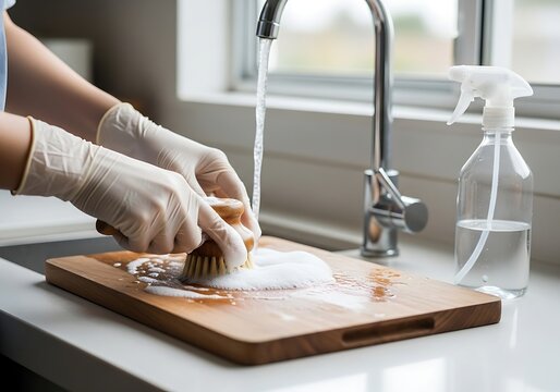 Person wearing white latex gloves scrubbing a wooden cutting board with a round wooden brush and soapy water in a bright kitchen sink environment