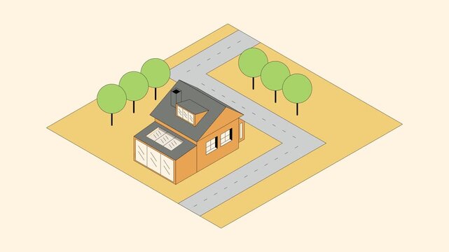 Isometric Layout of Suburban Residential House Property with Garage Road and Trees. Real Estate Architecture 2D Animation.