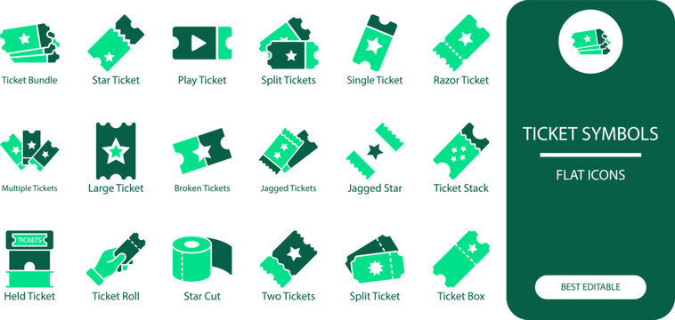 Event ticket icons set. Silhouette vector illustration of movie, concert and show tickets for event design.