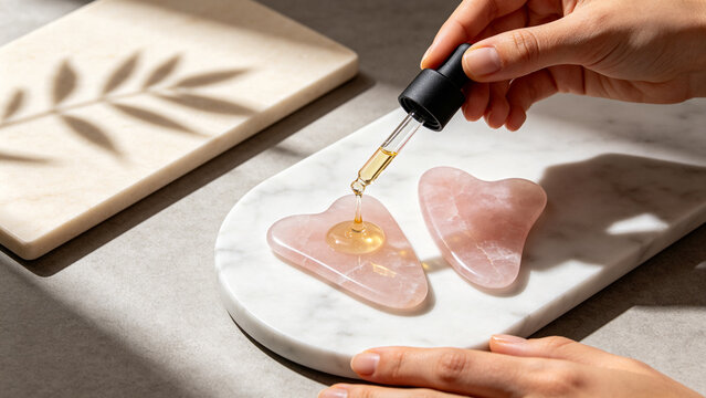 Hands dropping organic serum onto rose quartz gua sha scraper