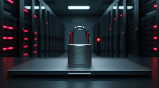 A metallic padlock rests on a closed laptop in a dark server room representing cybersecurity and data protection concepts
