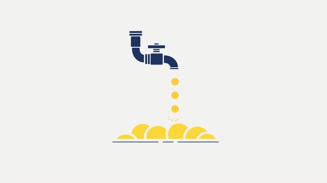 Gold Coins Flowing and Dropping Continuous Stream out of Water Tap Faucet. Wealth Generation Financial Abundance 2D Animation.