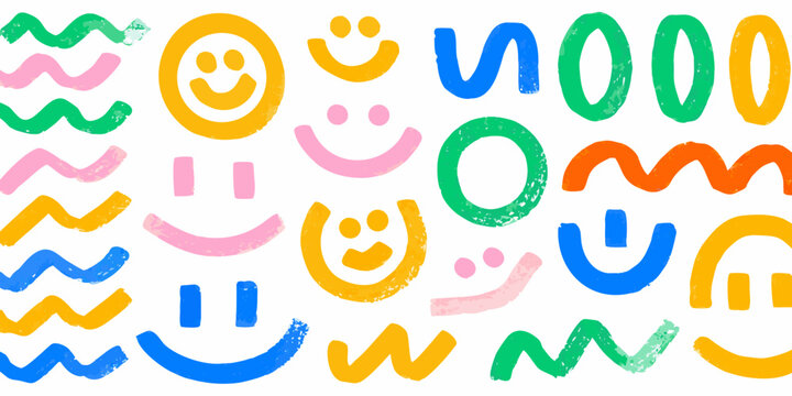 scribbled smiley faces and shapes on white background colorful pattern artwork childlike fun playful texture hand drawn illustration design graphic element