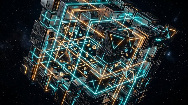 Abstract Geometric Wireframe Structure with Glowing Lines.