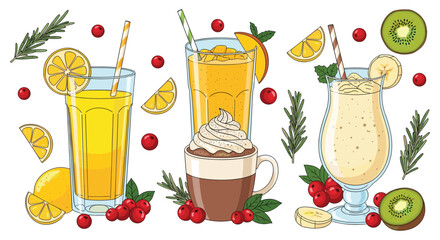 Refreshing drink set with lemonade smoothie juice fruit tea cranberry orange lemon slices rosemary mint leaf berries. © Masuk Sat