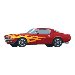 Naklejka premium Vintage Red Muscle Car with Flames Decals Side View | Transportation