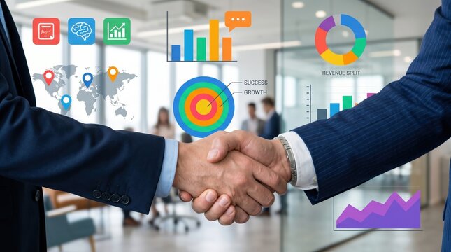 Business partners shaking hands sealing a deal with success growth target and revenue split charts
