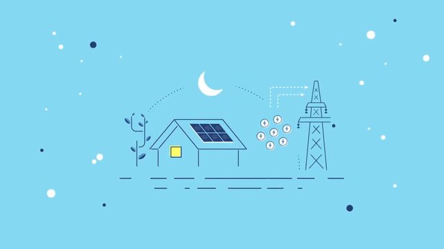 Smart Eco House with Solar Panels and Battery Storing Renewable Power connected to Grid at Night 2D Animation.