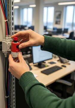 Technician wearing a green sweater adjusting a red industrial emergency stop button mounted on a metal rack with colorful electrical wiring