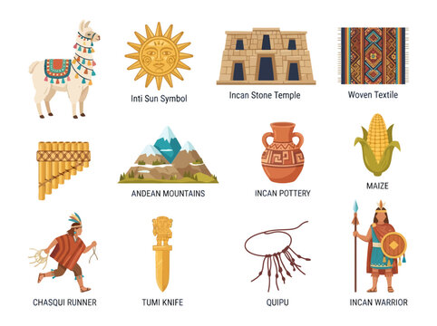 A collection of twelve colorful illustrations representing various aspects of Incan culture and history.