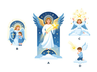 Obraz premium A collection of four distinct illustrations featuring guardian angels and children in various religious and spiritual scenes.