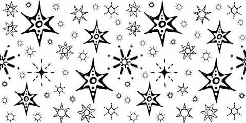 whimsical doodle stars and celestial sparkles on white background pattern black illustration vector art design space cosmic fantasy magic ornament © Tapas