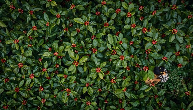 Bird's eye drone view of geometric tropical coffee plantation with lone coffee farmer