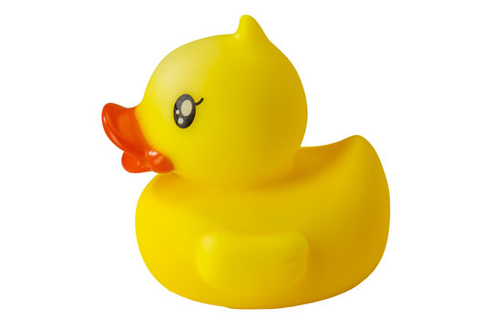 side view of a classic yellow rubber ducky with an orange beak and cute black eye, isolated on a clean white background with a soft shadow.
