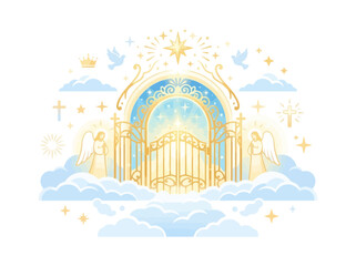 Obraz premium Golden ornate gates of heaven with angelic figures and divine light.