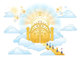 Obraz premium Golden gates of heaven with people walking towards them.
