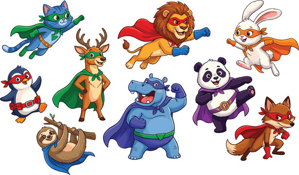 Cute cartoon superhero animals vector illustration set featuring brave wild forest and zoo animal characters wearing magic capes and masks on white background