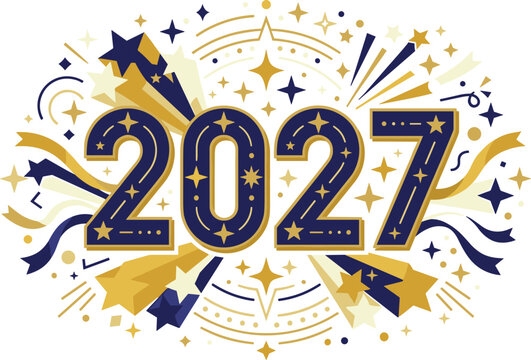Happy New Year 2027 Typography Vector Design with Golden and Blue Fireworks Starburst Confetti Ribbon and Festive Celebration Elements