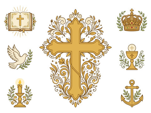 A collection of ornate Christian religious symbols and icons featuring a central cross.